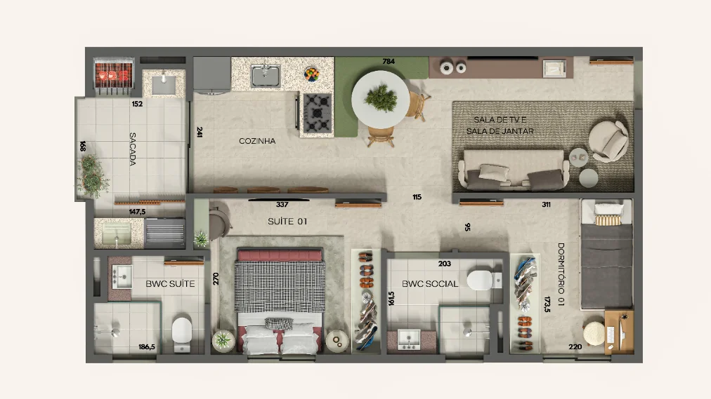Planta Suíte + 1 dormitório — 54,00 m² aprox.
