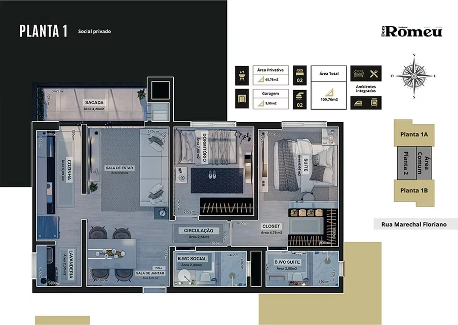 Planta 2 dormitórios, 1 suíte — 65,78 m²
