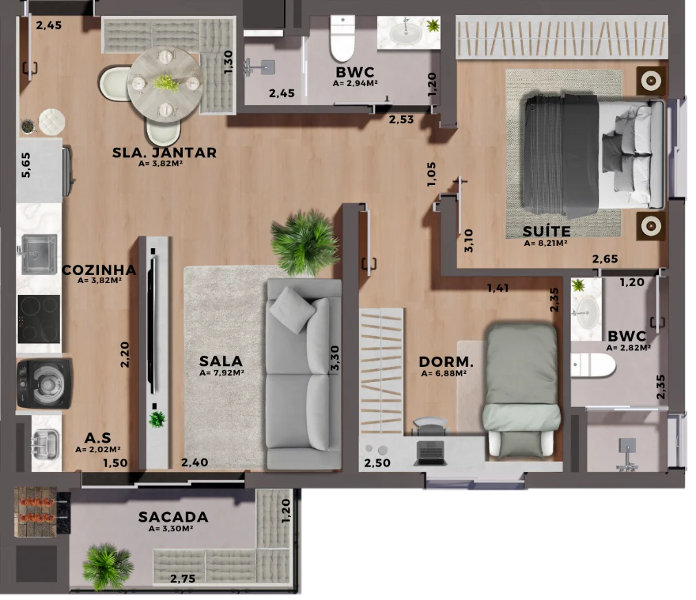 Planta Suíte + 1 dormitório — 51,71 m²